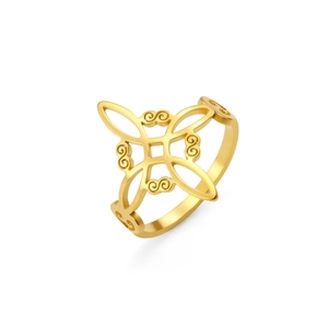 Vintage golden stainless steel witch knot ring with celtic design on white background