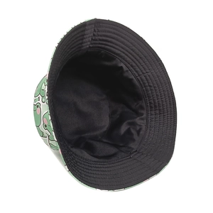 Detailed close-up of cartoon frog print and durable cotton fabric on sun bucket hat