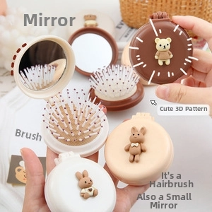 Foldable 2-in-1 portable airbag hair comb with compact mirror and 3D cartoon animal decor