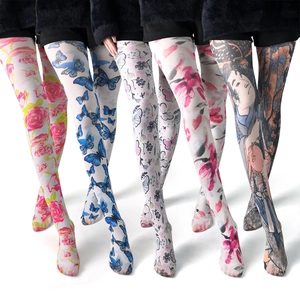 Patterned sheer tights featuring floral butterfly and retro prints in various colors