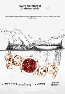 Waterproof red dial quartz watch with rose gold irregular bracelet and water splash detail