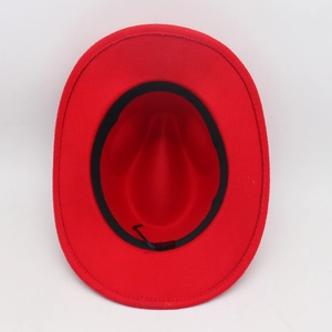 Interior view of red wool fedora with black sweatband and adjustable inner drawstring