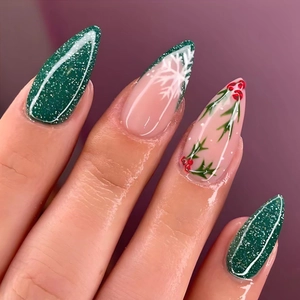Noël Flocon de Neige Vert Français Paillettes Fines Faux Ongles Rose Amande Ongles Artificiels Manucure de Fête pour Femme