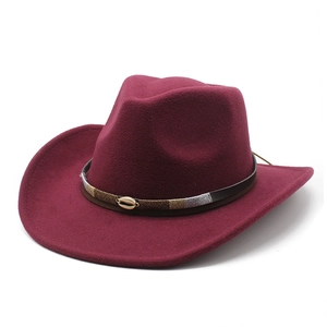 Classic wine red western cowboy felt hat with leather band and cowrie shell accents