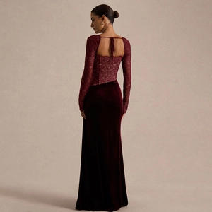 Elegant burgundy long sleeve evening dress with lace bodice and velvet high slit skirt