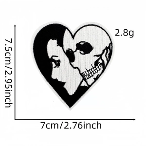 Punk style skull and face embroidery heart patch with 7.5cm x 7cm size dimensions