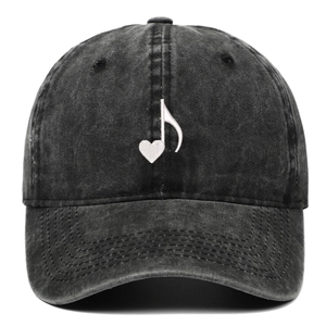 Vintage washed charcoal cotton baseball cap with musical note heart embroidery