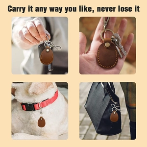 Brown leather AirTag case shown on keys, bags and pet collars in four detailed views
