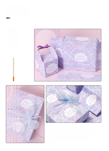 Detailed set of purple and blue gradient gift wrap with Happy Birthday gift bag and ribbons