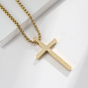 Gold stainless steel cross necklace with frosted finish on a box chain for men and women