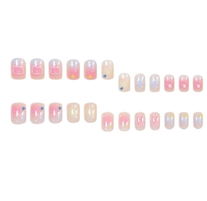 Detail of pink and blue gradient press-on nails with cute cat and star patterns
