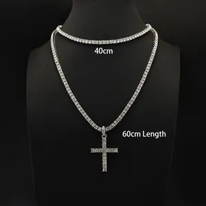 Silver iced out tennis chain with large cross pendant in 40cm and 60cm lengths