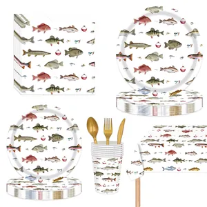 Fishing theme party tableware set including paper plates cups and fish pattern tablecloth