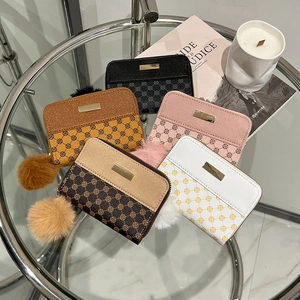 Women Small Wallet PU Leather Monogram Print Zipper Coin Purse With Faux Fur Pom Pom Card Holder Retro Contrast Color