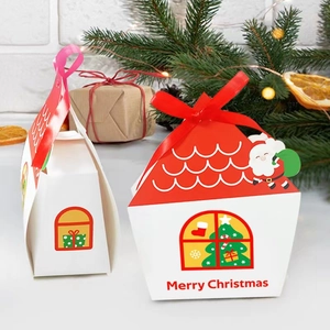 Christmas house-shaped gift boxes with Merry Christmas print and red ribbon handles