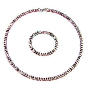 Rainbow stainless steel Cuban link chain necklace and bracelet jewelry set for men
