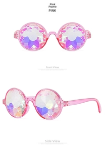 Macro shot of kaleidoscope glasses with pink frames and crystal faceted lenses