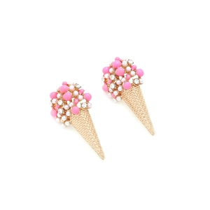 Detail of ice cream cone earrings with pink pearls and rhinestones on gold metal base