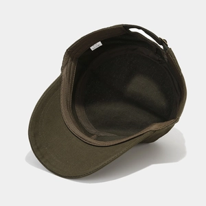 Olive green cotton flat top military cap with adjustable metal buckle and inner sweatband