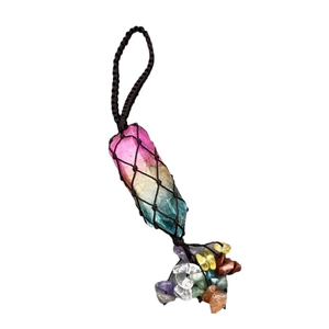 Rainbow crystal column pendant with woven net bag and natural colorful gemstones