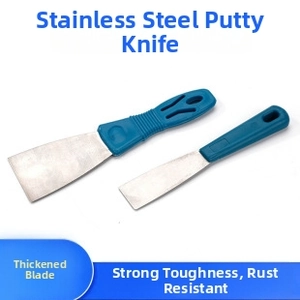 Close-up of thickened stainless steel putty knives with ergonomic blue handles