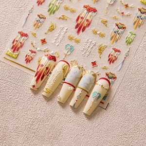 Traditional Chinese style 5D embossed nail stickers with gold and red tassel designs