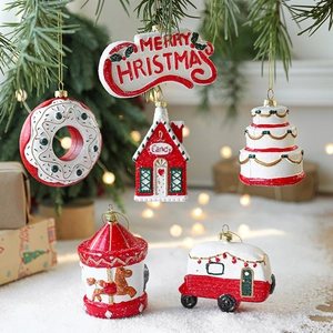 Christmas Tree Hanging Ornaments Painted Plastic Candy House Vehicle Carousel Novelty Holiday Festive Party Decoration