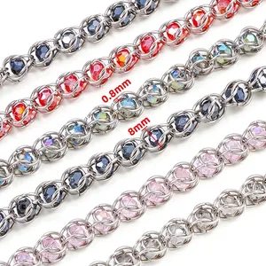0.8mm stainless steel link chain with 8mm faceted crystal beads in assorted colors