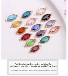 Detailed view of colorful marquise crystal pendants with gold-plated copper double loops