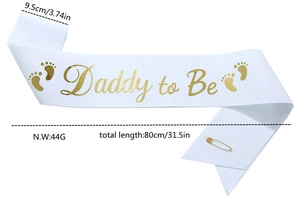 White Daddy to Be sash with gold lettering and dimensions for baby shower parties