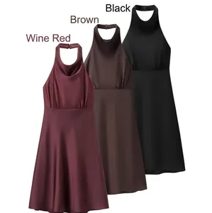 Halfter Neck Mini Kleid Satin Polyester Rückenfrei Hohe Taille Elegant Einfarbig Mode Ärmellos Schick Für Frauen
