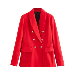 Women's slim fit red double-breasted blazer with embossed metal buttons and flap pockets