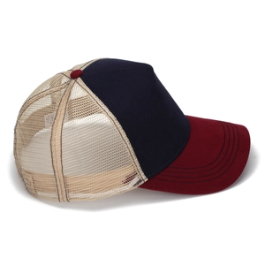 Three-tone trucker hat in navy blue, red and beige mesh for breathable outdoor sun protection