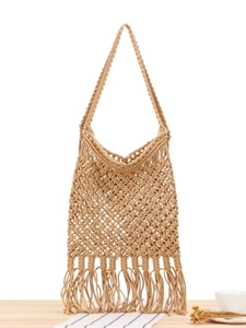 Handmade Woven Cotton Rope Shoulder Bag Macrame Hollow Mesh Tassel Bohemian Beach Vacation Handbag For Women