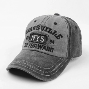 Vintage washed charcoal baseball cap with NYS embroidery and retro athletic patches
