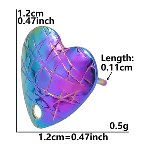 Detailed view of heart-shaped iridescent 304 stainless steel charm with dimensions