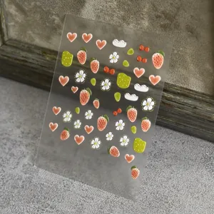 5D embossed strawberry nail stickers with 3D floral and bow patterns for DIY manicure