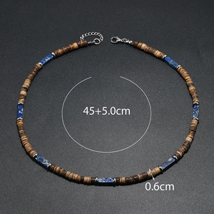 Detail view of ethnic beaded necklace showing 45cm length and 0.6cm bead diameter specs