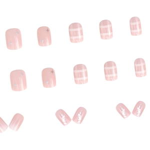 Pink gradient plaid press-on nails with silver stars and glossy finish, 24pcs set