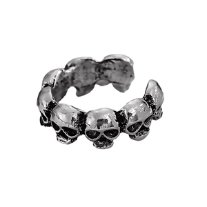 Detailed close-up of retro silver skull ear cuffs with adjustable open gothic design