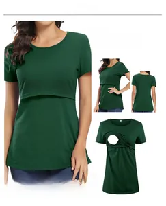 Detail of dark green nursing t-shirt showing double-layer chest opening for breastfeeding