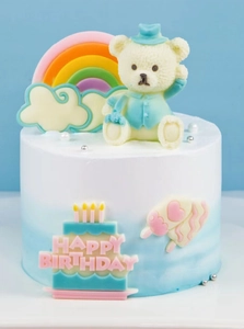 Detail view of a 3D plush texture bear and Happy Birthday cake topper decorations
