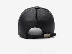 Rear view of black PU leather baseball cap with adjustable strap and metal buckle