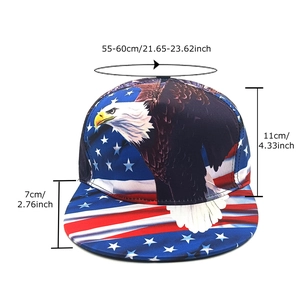 Eagle flat brim snapback baseball cap featuring American flag print and sizing details