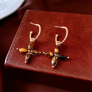 Boucles D Oreilles Fleur Oeil De Tigre Vintage Cuivre Plaqué Or 18K Avec Tige En Argent Sterling 925 Femme