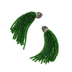 Elegant pair of 2mm green crystal bead tassel earrings with diamond studded caps