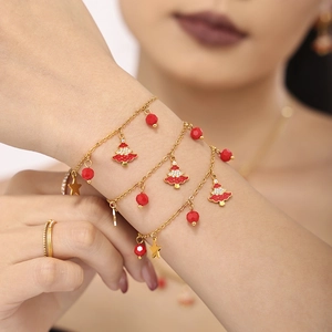 Golden multi-layer bracelet with red Christmas tree pendant and beads for women