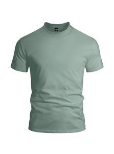 Detail of light green men's slim fit T-shirt with ribbed crew neck and soft cotton texture