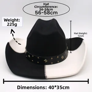 Top view of two-tone cowboy hat featuring bronze rivets on a black leather band