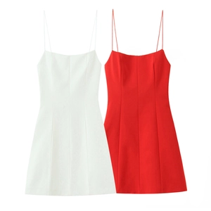 Women Polyester Spaghetti Strap Mini Dress Elegant Sleeveless Back Bow Decoration Party Clubwear Slim Fit Plain
